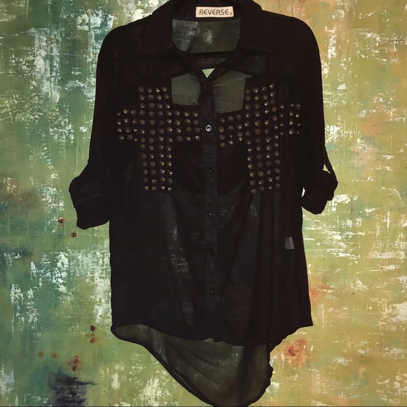 LAST CHANCE Reverse Black Sheer Button-down Shirt - Picture 1 of 8